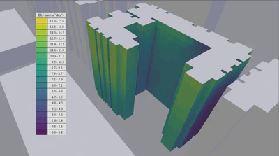 Solar exposure of building facades of a public housing block, done using 3D building models in the study area. These results are a critical insight for decision-making for high-rise urban farming and for maximizing the crop yield. To learn more, read the [preprint](https://arxiv.org/abs/2007.14203).