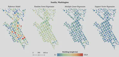 Maps showing a comparison between building heights in the reference model and the building height predictions using three machine learning models for the CBD of Seattle, Washington. Imke's thesis is full of nice visuals, so feel free to check [it out](https://repository.tudelft.nl/islandora/object/uuid:ddcae7d1-6cc8-42a7-8c1d-a922ec7551f0?collection=education) (open access).