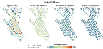 Maps showing a comparison between building heights in the reference model and the building height predictions using three machine learning models for the CBD of Seattle, Washington. Imke's thesis is full of nice visuals, so feel free to check [it out](https://repository.tudelft.nl/islandora/object/uuid:ddcae7d1-6cc8-42a7-8c1d-a922ec7551f0?collection=education) (open access).