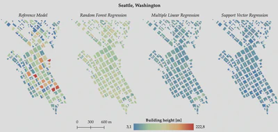 Maps showing a comparison between building heights in the reference model and the building height predictions using three machine learning models for the CBD of Seattle, Washington. Imke's thesis is full of nice visuals, so feel free to check [it out](https://repository.tudelft.nl/islandora/object/uuid:ddcae7d1-6cc8-42a7-8c1d-a922ec7551f0?collection=education) (open access).