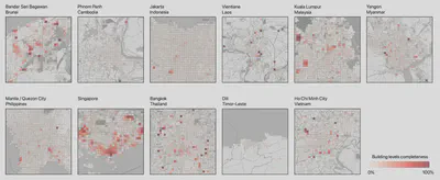 The completeness of building levels in the largest cities in the eleven countries. Each map shows an extent of approx. 25 x 25 km. (c) OpenStreetMap contributors.