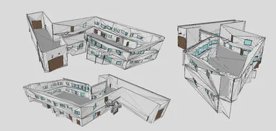 Views of the Myran model converted to CityGML by the test AGIS-FME-IFCr-L1, visualized in azul. In this case, the roof is missing.