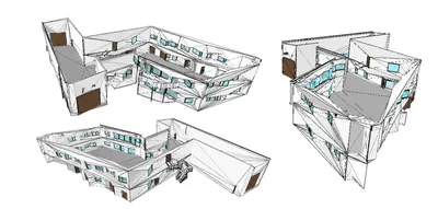 Views of the Myran model converted to CityGML by the test AGIS-FME-IFCr-L1, visualized in azul. In this case, the roof is missing.