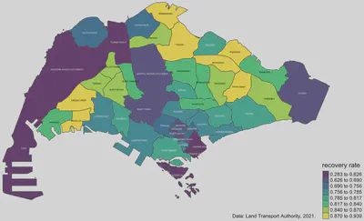 Recovery rate of bus riding behaviour by planning area. Planning areas without bus stops are excluded from the spatial dataset.