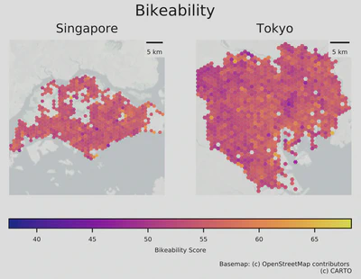 Bikeability maps in Singapore and Tokyo, generated with Koichi's automated assessment.