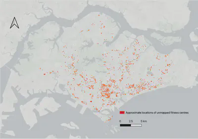Approximate locations of unmapped fitness centres in Singapore, which have been discovered by Xinyu's approach of analysing real estate information.