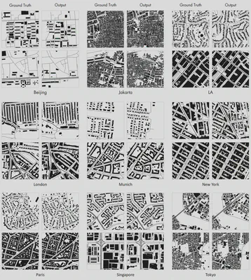 Synthetic results of GANmapper, together with the reference data, across several diverse cities around the world