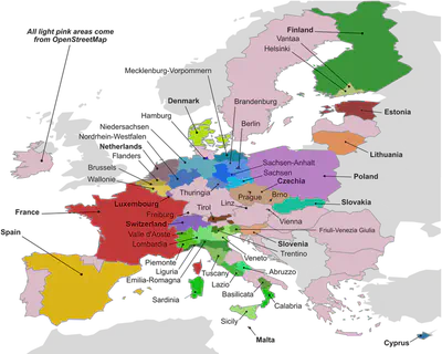 The 50 input datasets parsed to generate Eubucco v0.1. Bold font indicates country-level datasets, while normal font indicates region- or city-level datasets. Datasets for a same country are designated with different tones of the same color. All areas where OpenStreetMap was used as basis for the building footprints are colored in light pink.