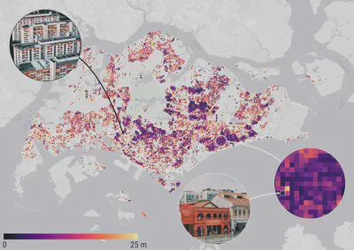 A map visualising the spatial pattern of the minimum distance among buildings in high-resolution tiles across Singapore. The photographs are courtesy of Unsplash contributors.