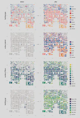 Comparison of OSM building data (left) and the building attributes inferred using our method (right) in Washington D.C., illustrating attributes: building type, surface material, number of floors, and age. Data: (c) OpenStreetMap contributors.